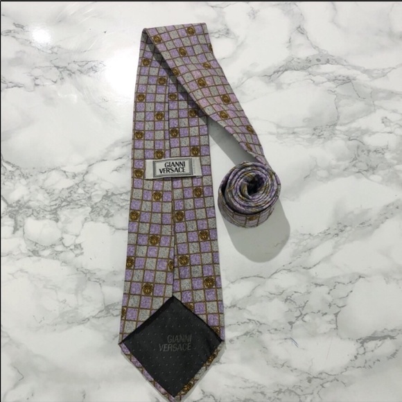 Versace Purple Grey Checkered Medusa Print Tie EUC - Picture 4 of 6